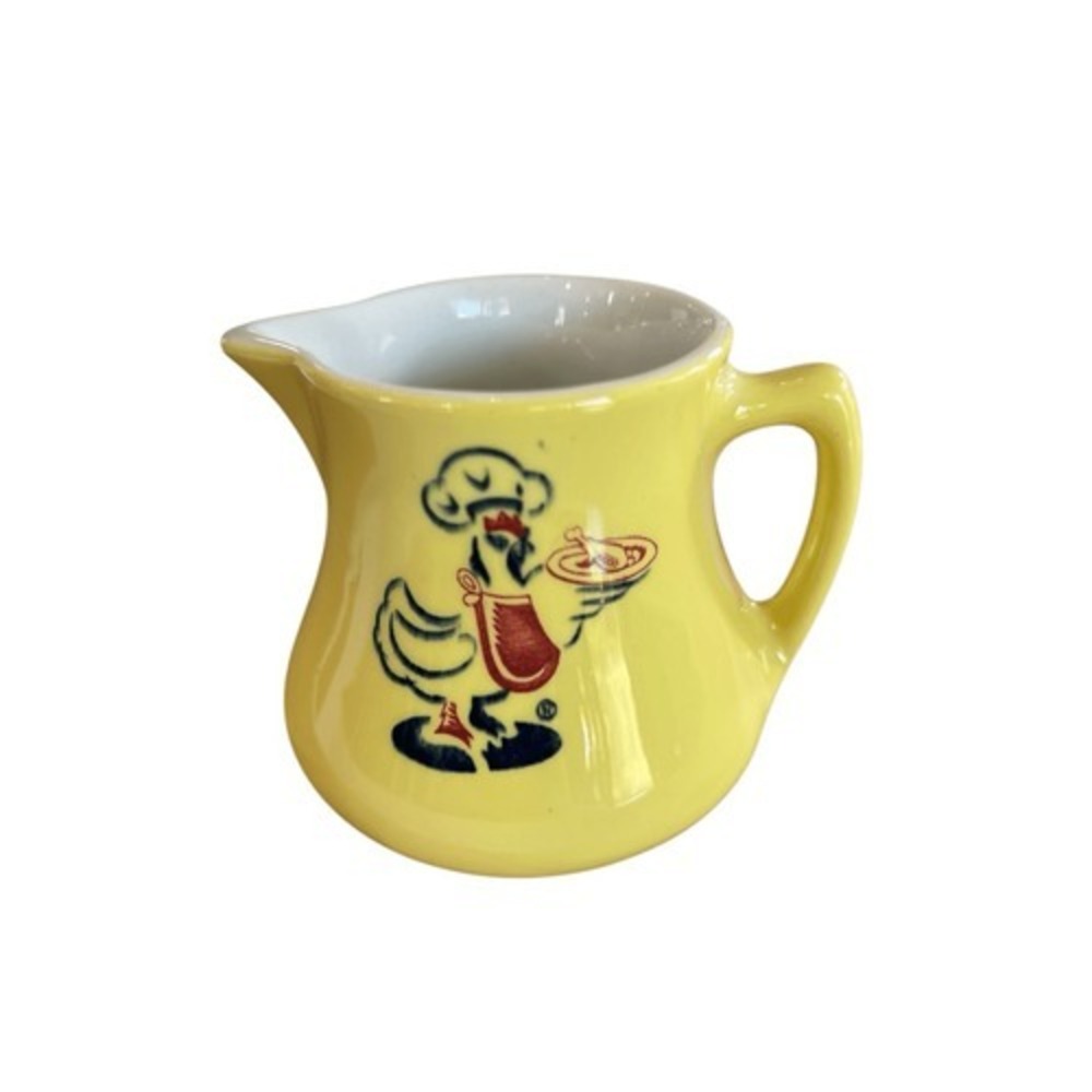 Vintage Chicken Delight Restaurantware Creamer JE Heath Pottery Yellow Rooster